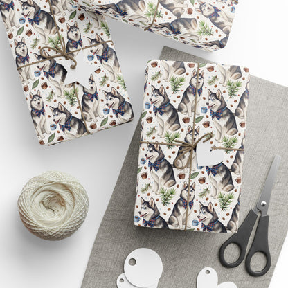 Dapper Husky Wrapping Paper with Cozy Winter Accents