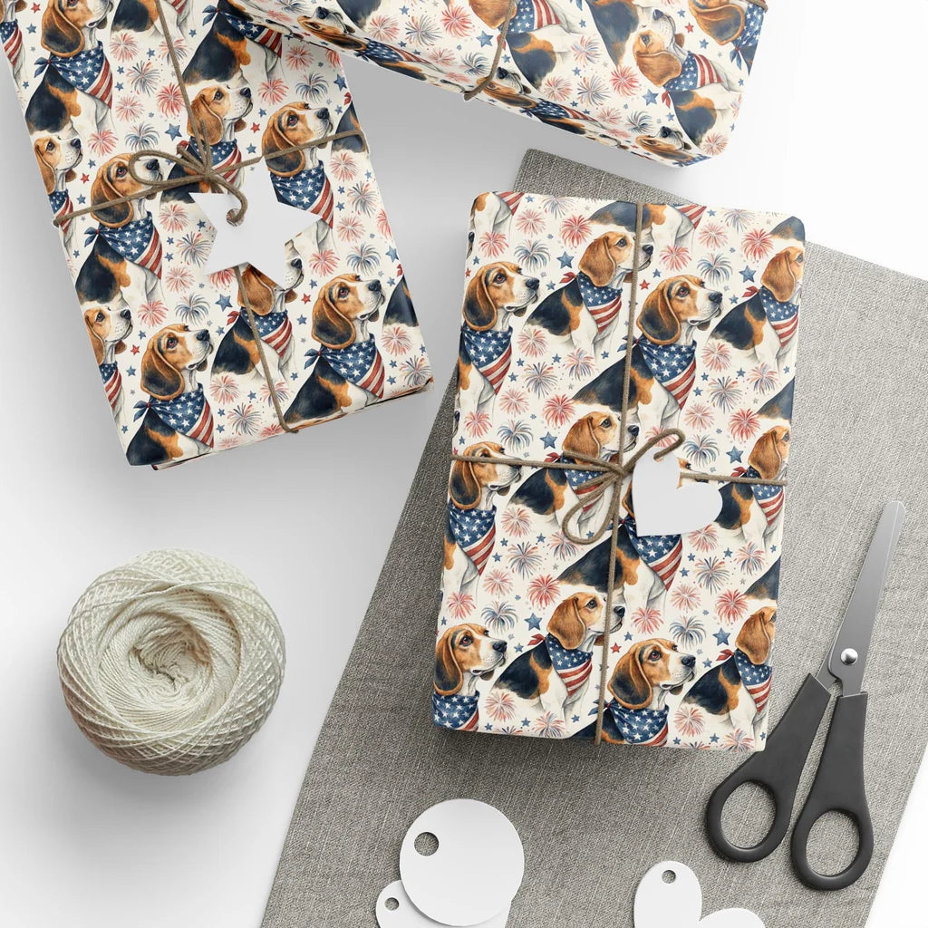 Americana Beagle Wrapping Paper — styled gift wrapping with scissors and twine