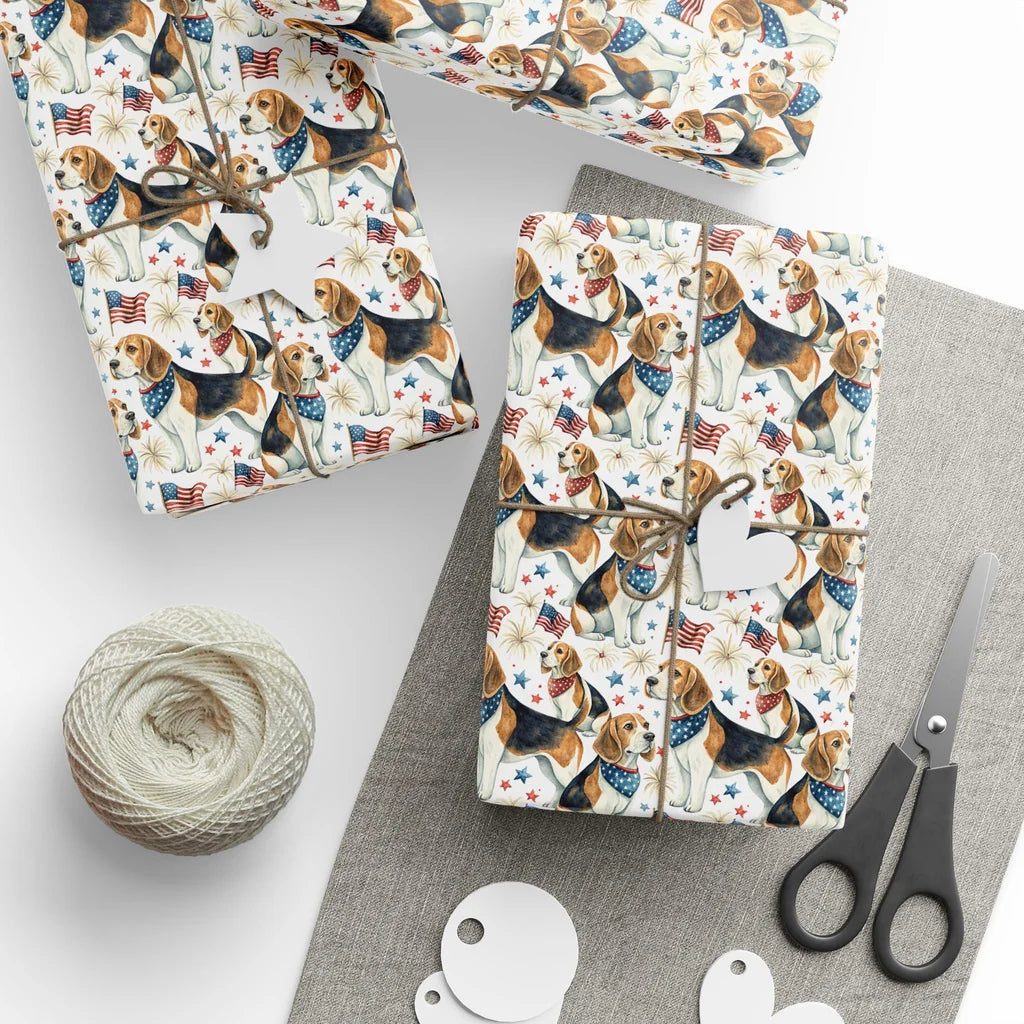 Americana Beagle Wrapping Paper — styled gift wrapping with scissors and twine