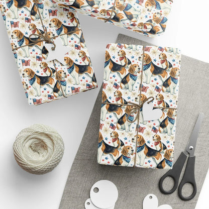 Americana Beagle Wrapping Paper — styled gift wrapping with scissors and twine
