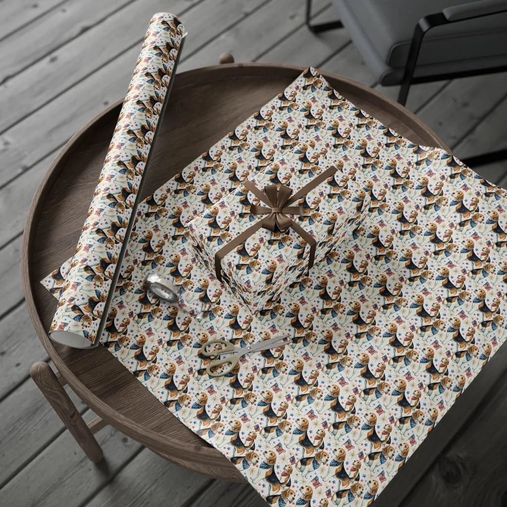 Americana Beagle Wrapping Paper — gift wrapping presented on a wooden table