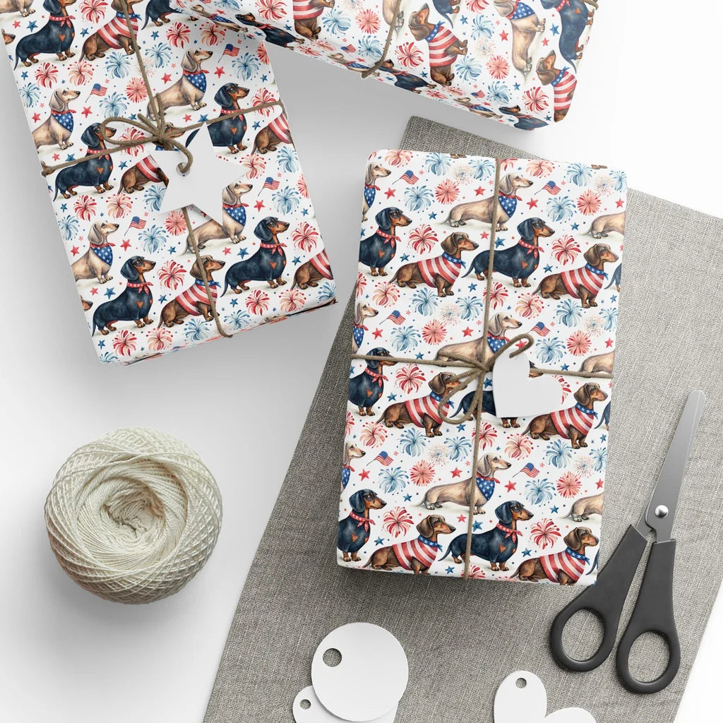 Americana Dachshund Wrapping Paper — styled gift wrapping with scissors and twine