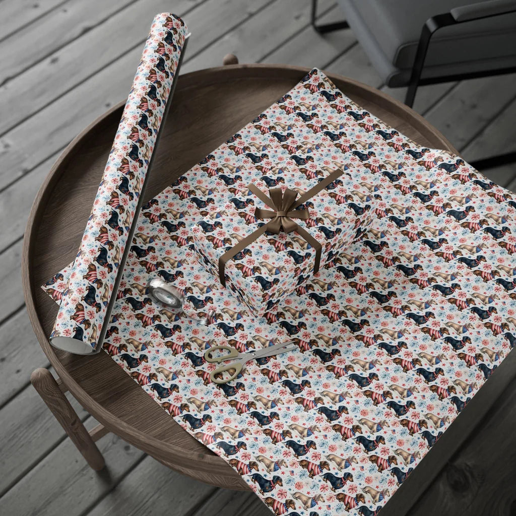 Americana Dachshund Wrapping Paper — gift wrapping presented on a wooden table