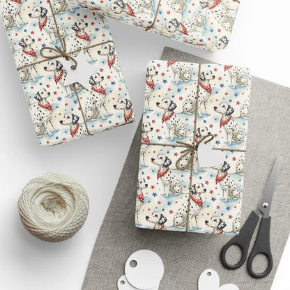 Americana Dalmatian Wrapping Paper — styled gift wrapping with scissors and twine