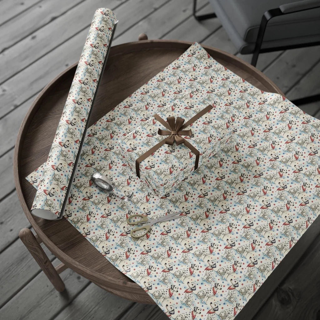 Americana Dalmatian Wrapping Paper — gift wrapping presented on a wooden table
