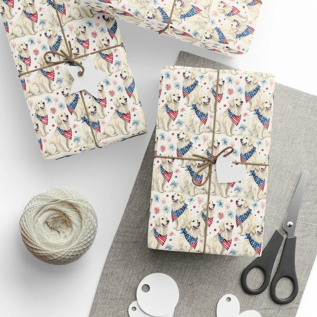Americana Golden Retriever Wrapping Paper — styled gift wrapping with scissors and twine