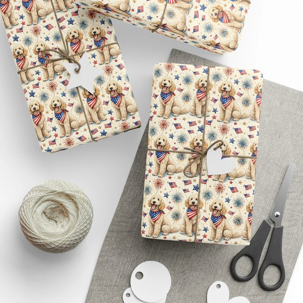 Americana Goldendoodle Wrapping Paper — styled gift wrapping with scissors and twine