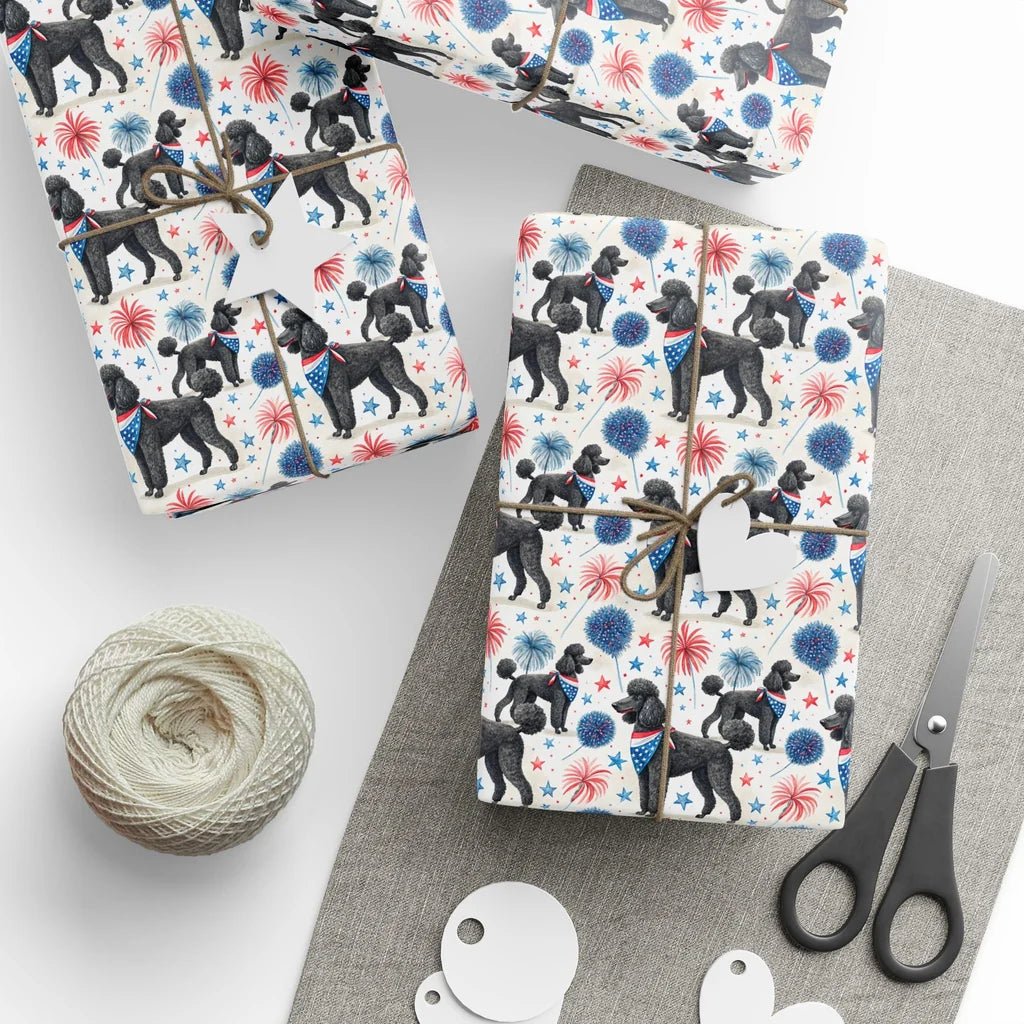 Americana Poodle Wrapping Paper — styled gift wrapping with scissors and twine