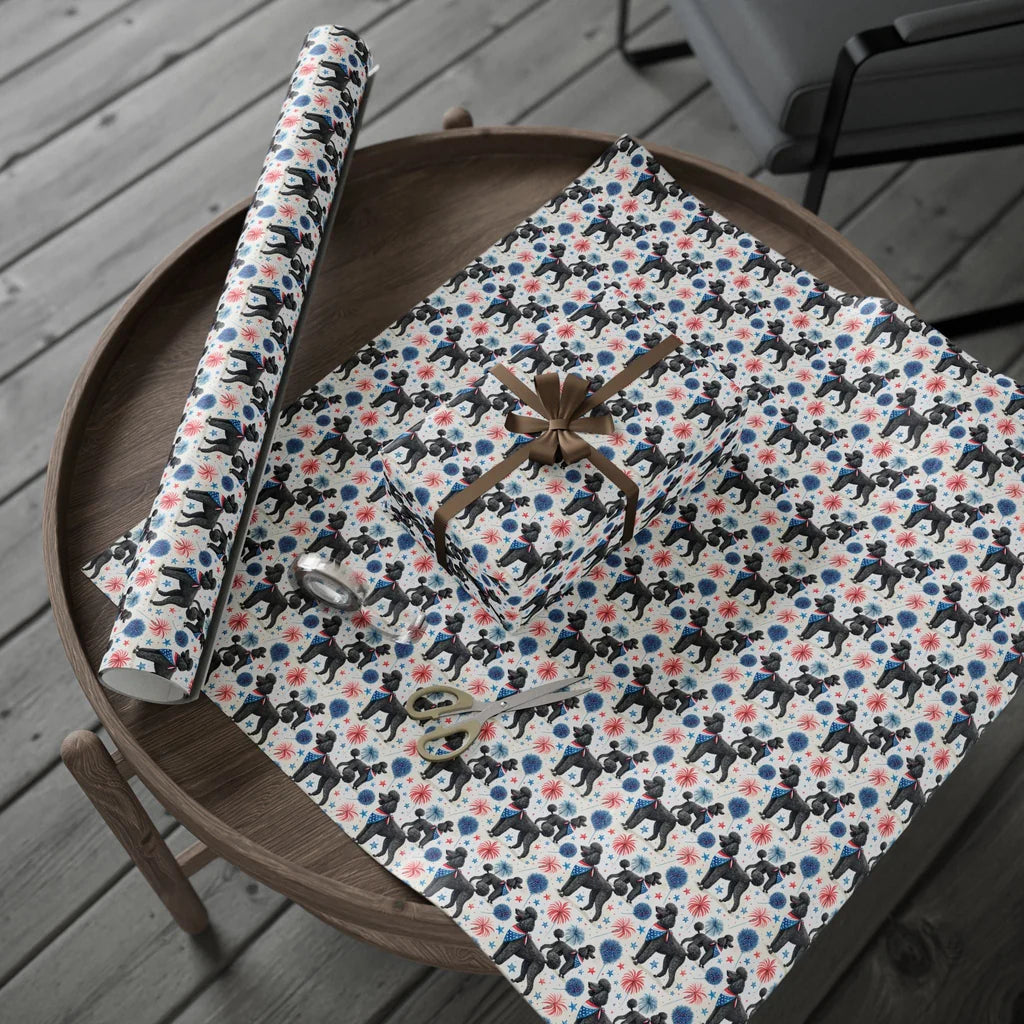 Americana Poodle Wrapping Paper — gift wrapping presented on a wooden table