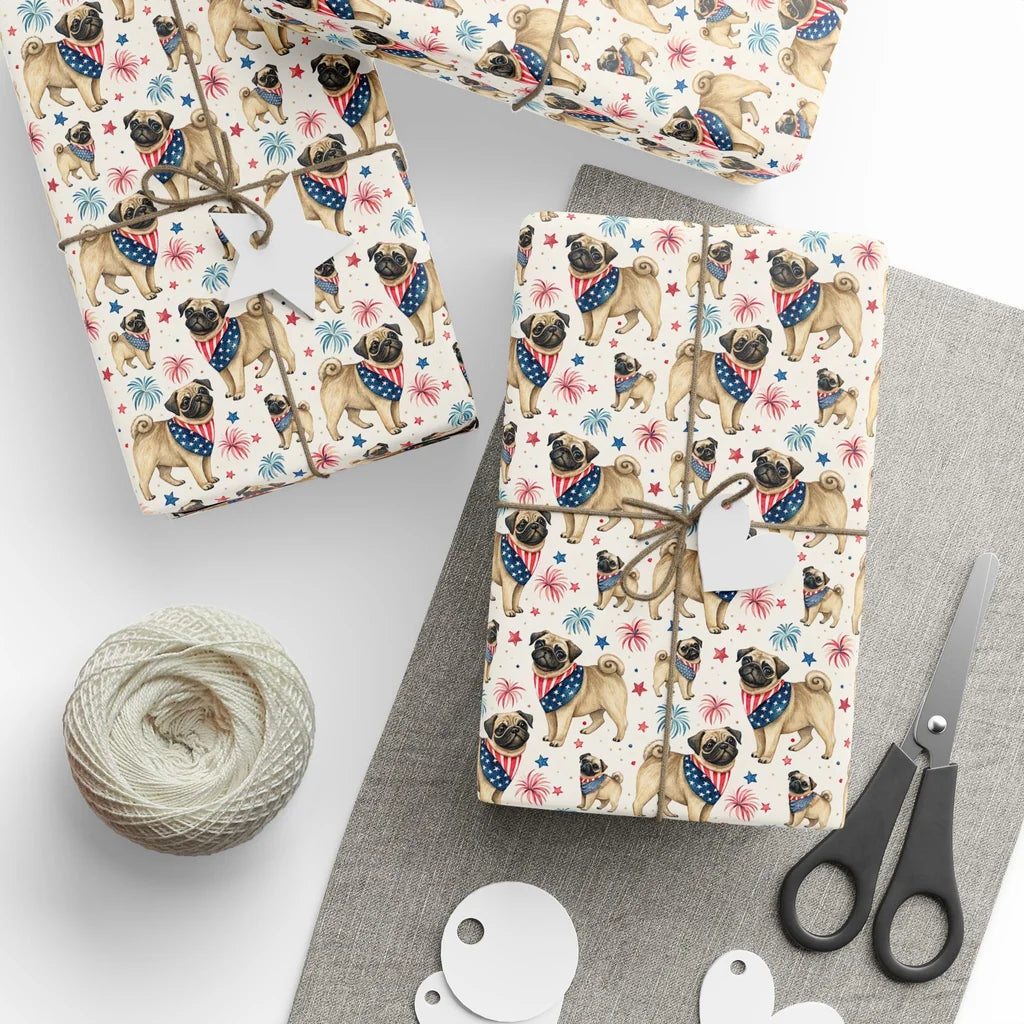 Americana Pug Wrapping Paper — styled gift wrapping with scissors and twine