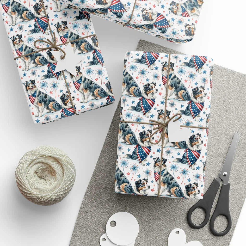 Australian Shepherd Americana Wrapping Paper — styled gift wrapping with scissors and twine