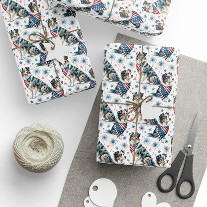 Australian Shepherd Americana Wrapping Paper — styled gift wrapping with scissors and twine