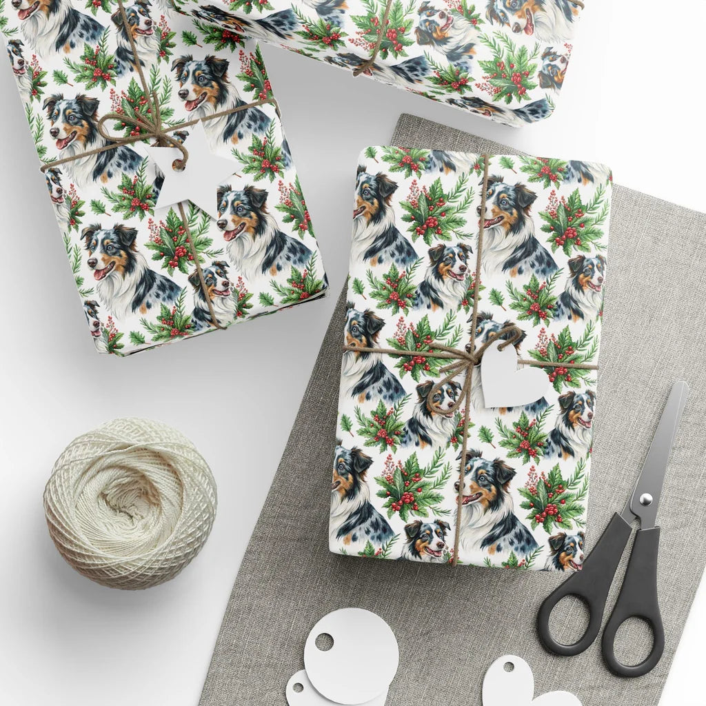 Australian Shepherd Christmas Wrapping Paper — styled gift wrapping with scissors and twine