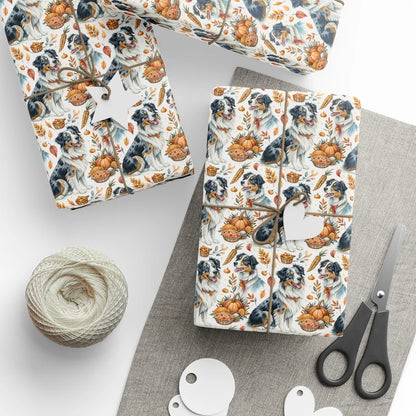 Australian Shepherd Fall Harvest Wrapping Paper — styled gift wrapping with scissors and twine