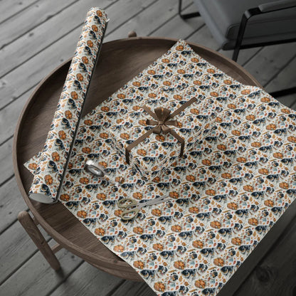 Australian Shepherd Fall Harvest Wrapping Paper — gift wrapping presented on a wooden table