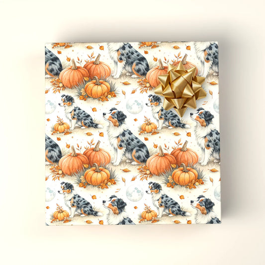 Australian Shepherd Fall Pumpkin Wrapping Paper — wrapped gift presentation
