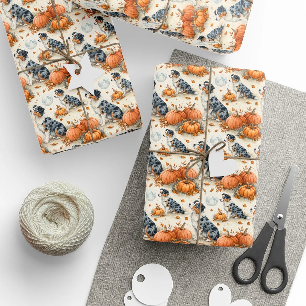 Australian Shepherd Fall Pumpkin Wrapping Paper — styled gift wrapping with scissors and twine