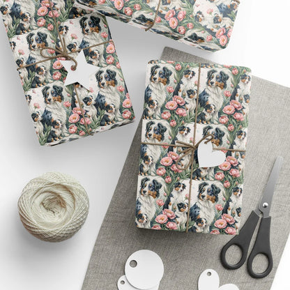 Australian Shepherd Floral Wrapping Paper — styled gift wrapping with scissors and twine