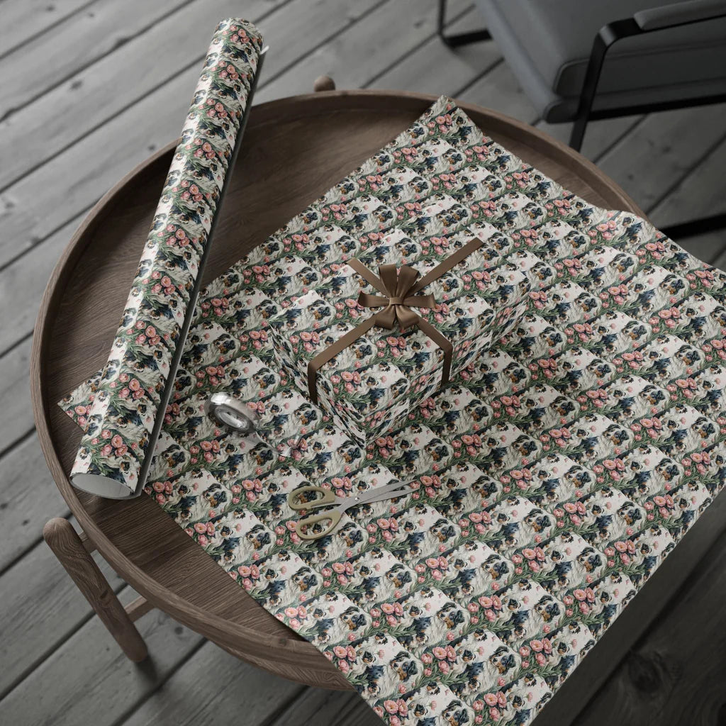 Australian Shepherd Floral Wrapping Paper — gift wrapping presented on a wooden table