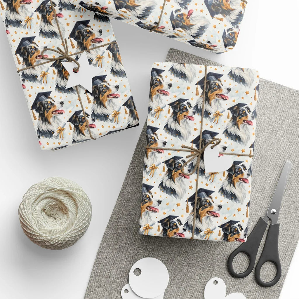 Australian Shepherd Graduation Wrapping Paper — styled gift wrapping with scissors and twine