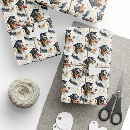 Australian Shepherd Graduation Wrapping Paper — styled gift wrapping with scissors and twine