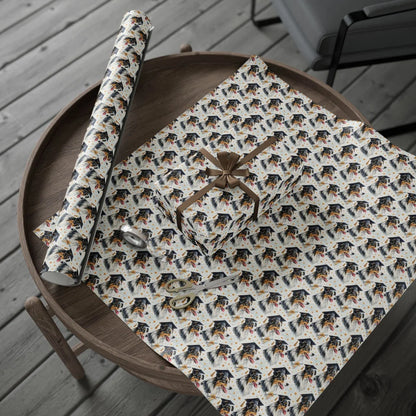 Australian Shepherd Graduation Wrapping Paper — gift wrapping presented on a wooden table