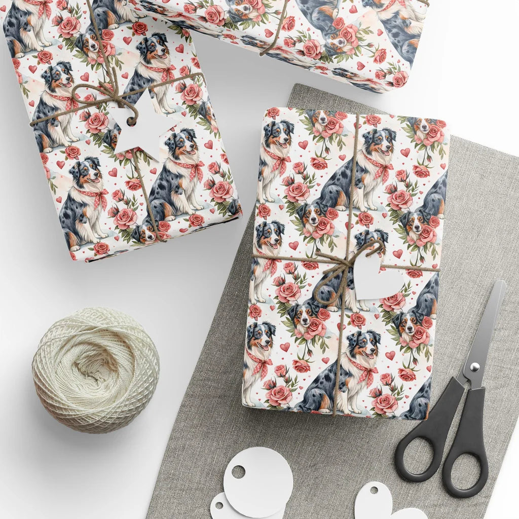 Australian Shepherd Valentine's Day Wrapping Paper — styled gift wrapping with scissors and twine