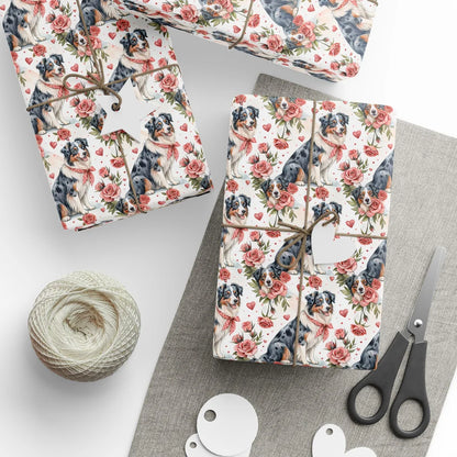 Australian Shepherd Valentine's Day Wrapping Paper — styled gift wrapping with scissors and twine