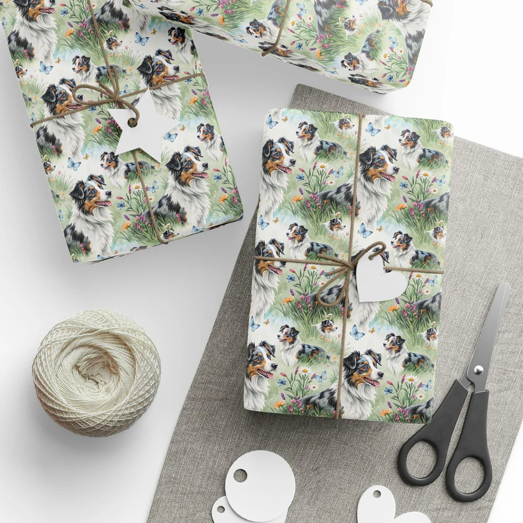 Australian Shepherd Wildflower Wrapping Paper — styled gift wrapping with scissors and twine