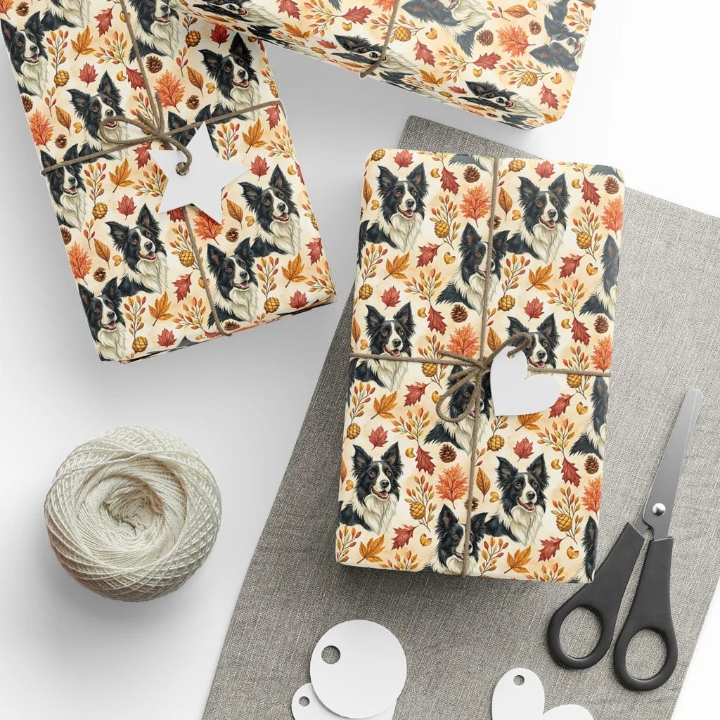 Autumn Border Collie Wrapping Paper — styled gift wrapping with scissors and twine