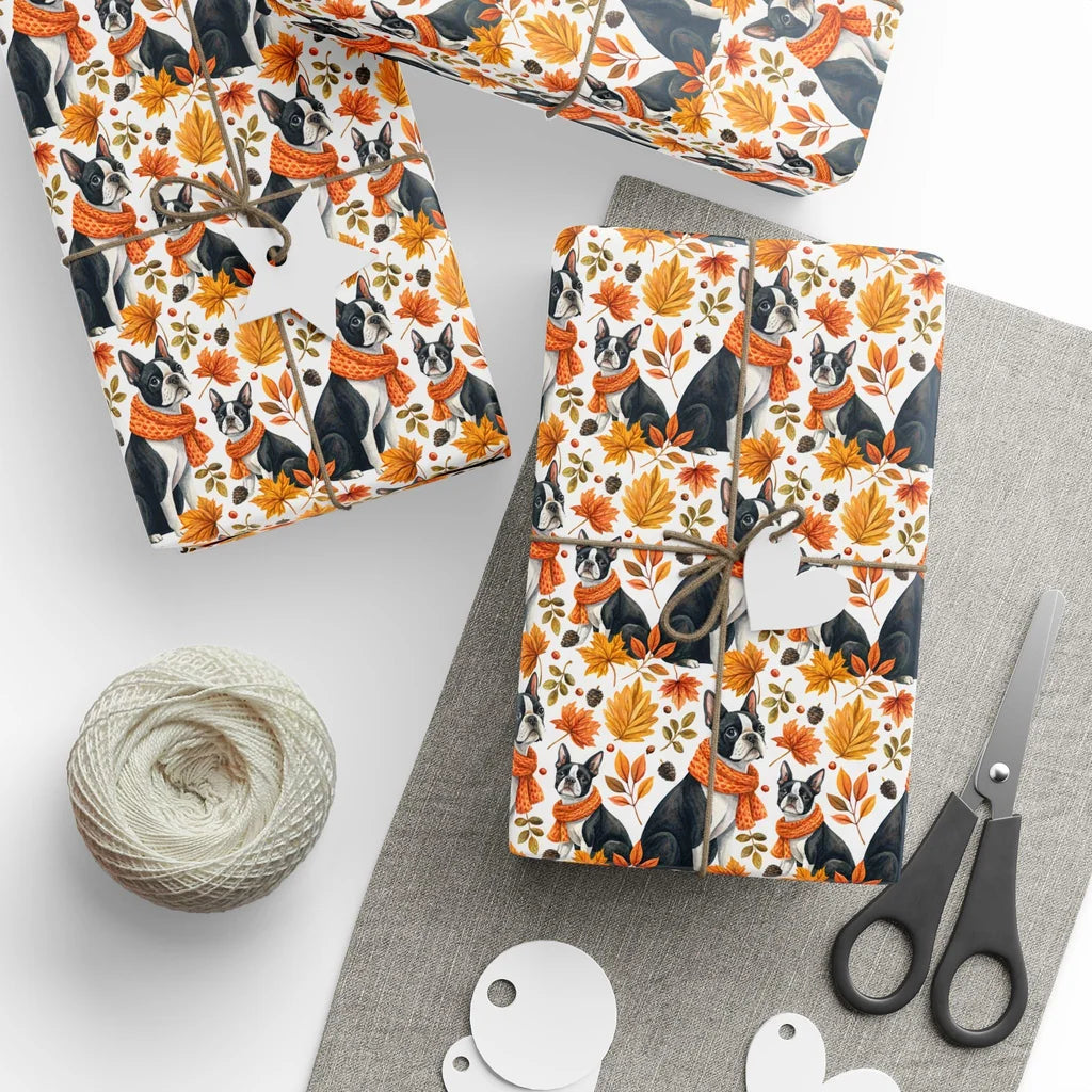 Autumn Boston Terrier Wrapping Paper — styled gift wrapping with scissors and twine