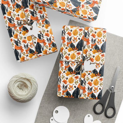 Autumn Boston Terrier Wrapping Paper — styled gift wrapping with scissors and twine