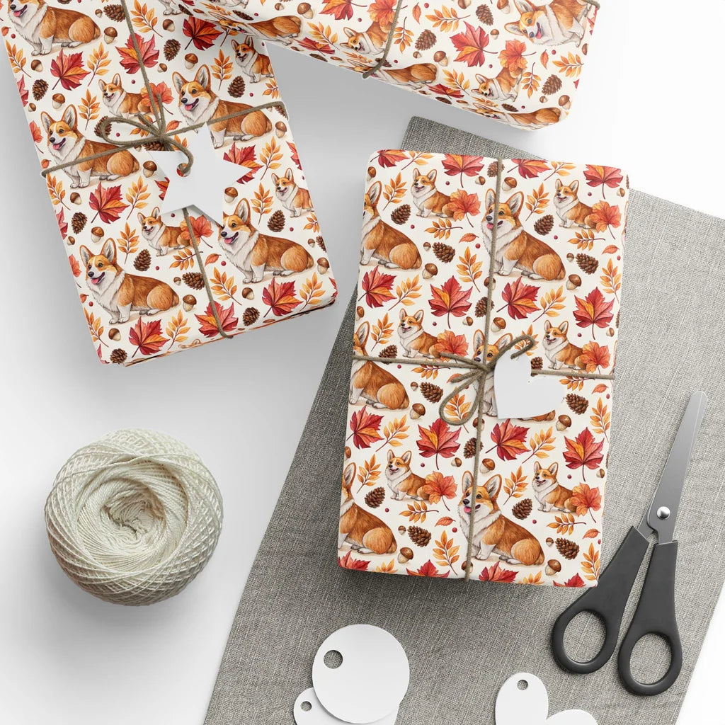 Autumn Corgi Wrapping Paper — styled gift wrapping with scissors and twine