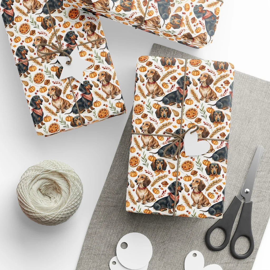 Autumn Dachshund Wrapping Paper — styled gift wrapping with scissors and twine