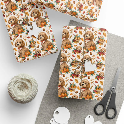 Autumn Doodle Wrapping Paper — styled gift wrapping with scissors and twine