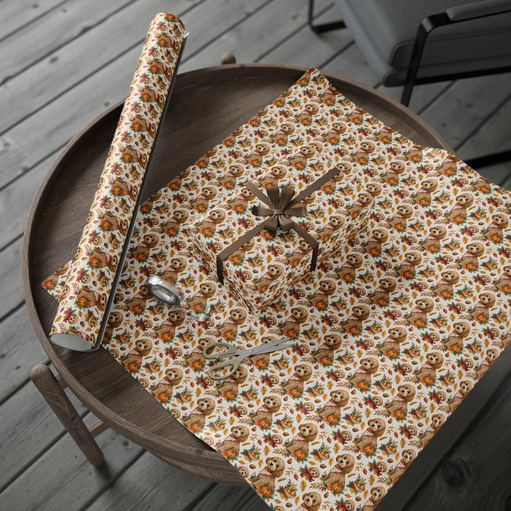 Autumn Doodle Wrapping Paper — gift wrapping presented on a wooden table