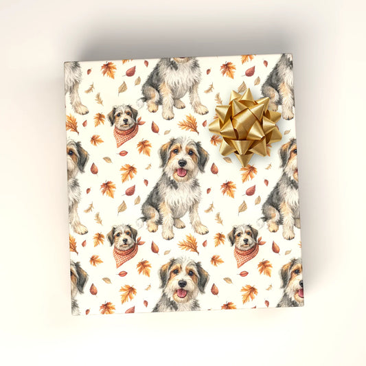 Autumn Doodle Wrapping Paper with Fall Leaves — wrapped gift presentation