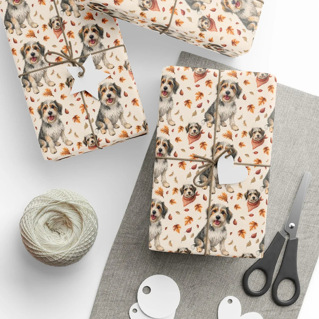 Autumn Doodle Wrapping Paper with Fall Leaves — styled gift wrapping with scissors and twine
