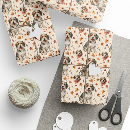 Autumn Doodle Wrapping Paper with Fall Leaves — styled gift wrapping with scissors and twine