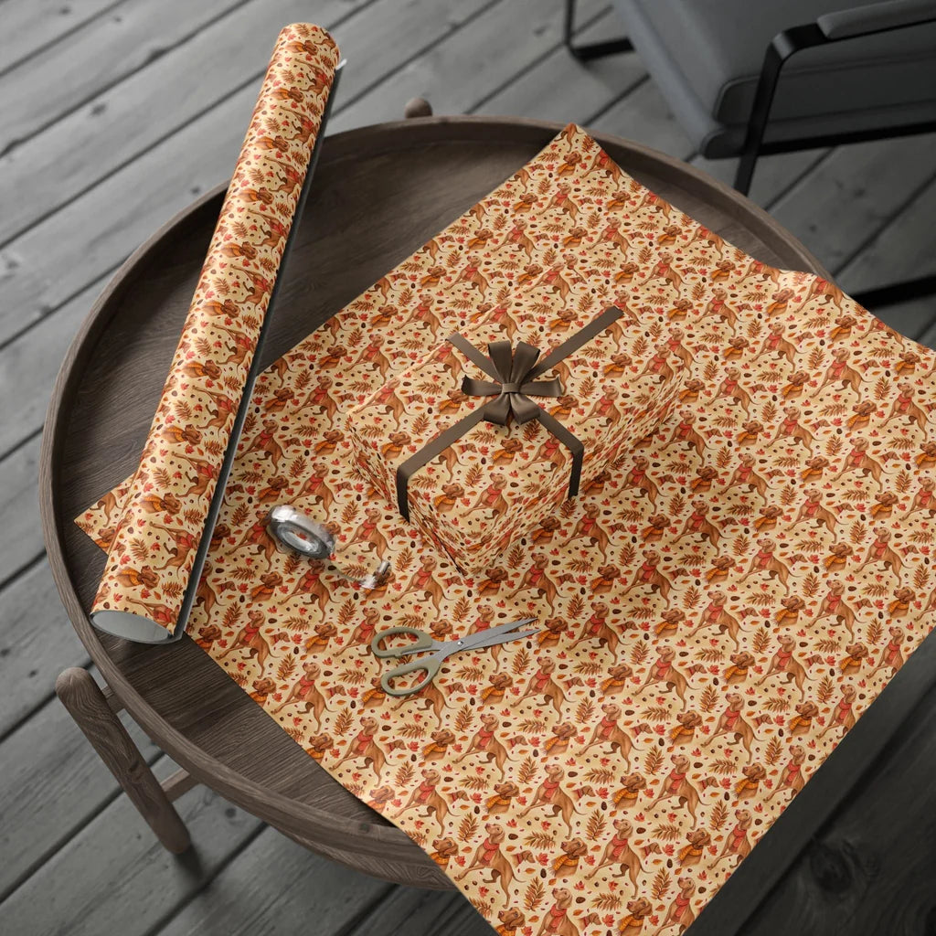 Autumn Vizsla Wrapping Paper — gift wrapping presented on a wooden table