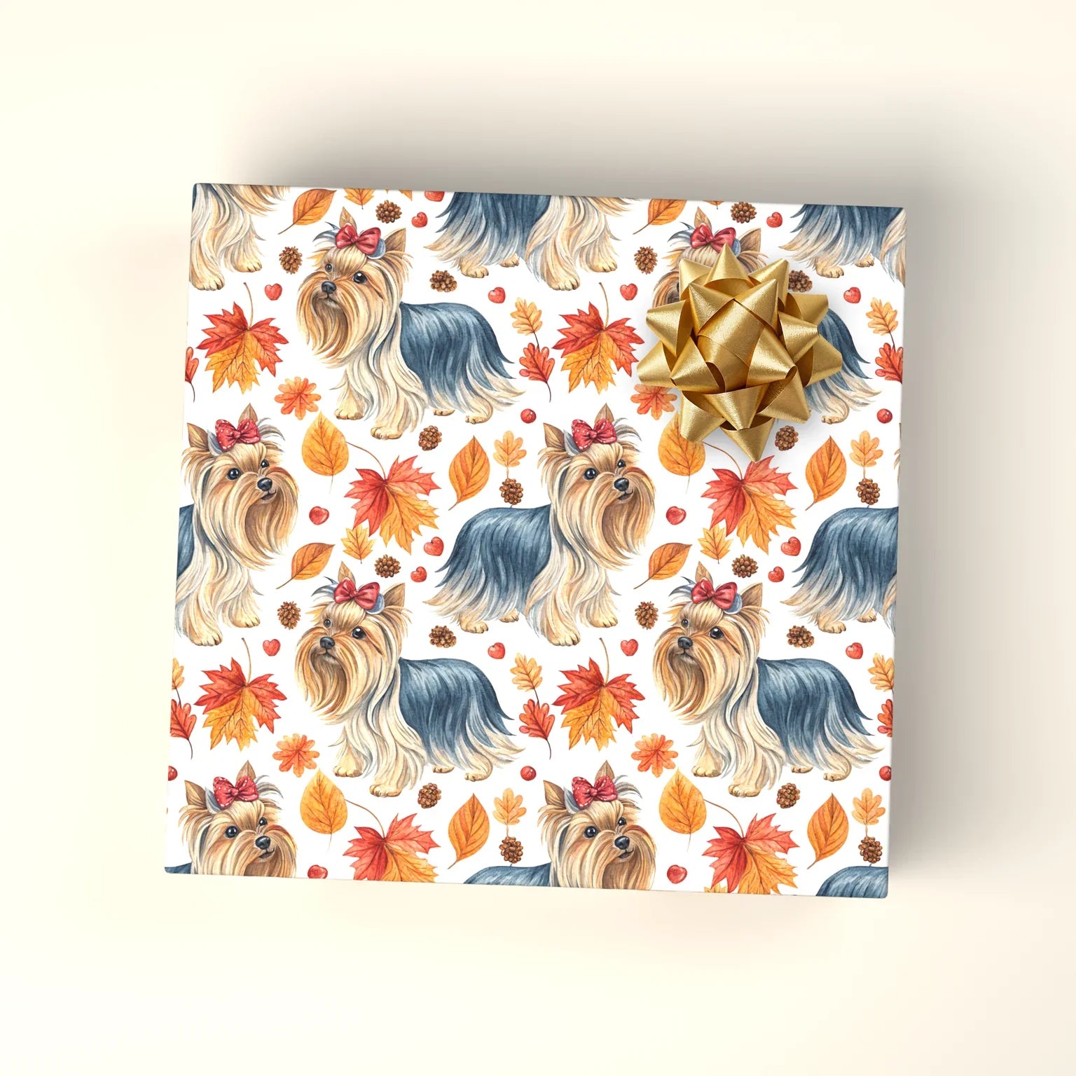 Autumn Yorkie Wrapping Paper | Yorkshire Terrier Fall Gift Wrap — wrapped gift presentation