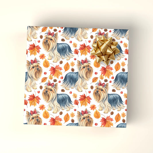Autumn Yorkie Wrapping Paper | Yorkshire Terrier Fall Gift Wrap — wrapped gift presentation