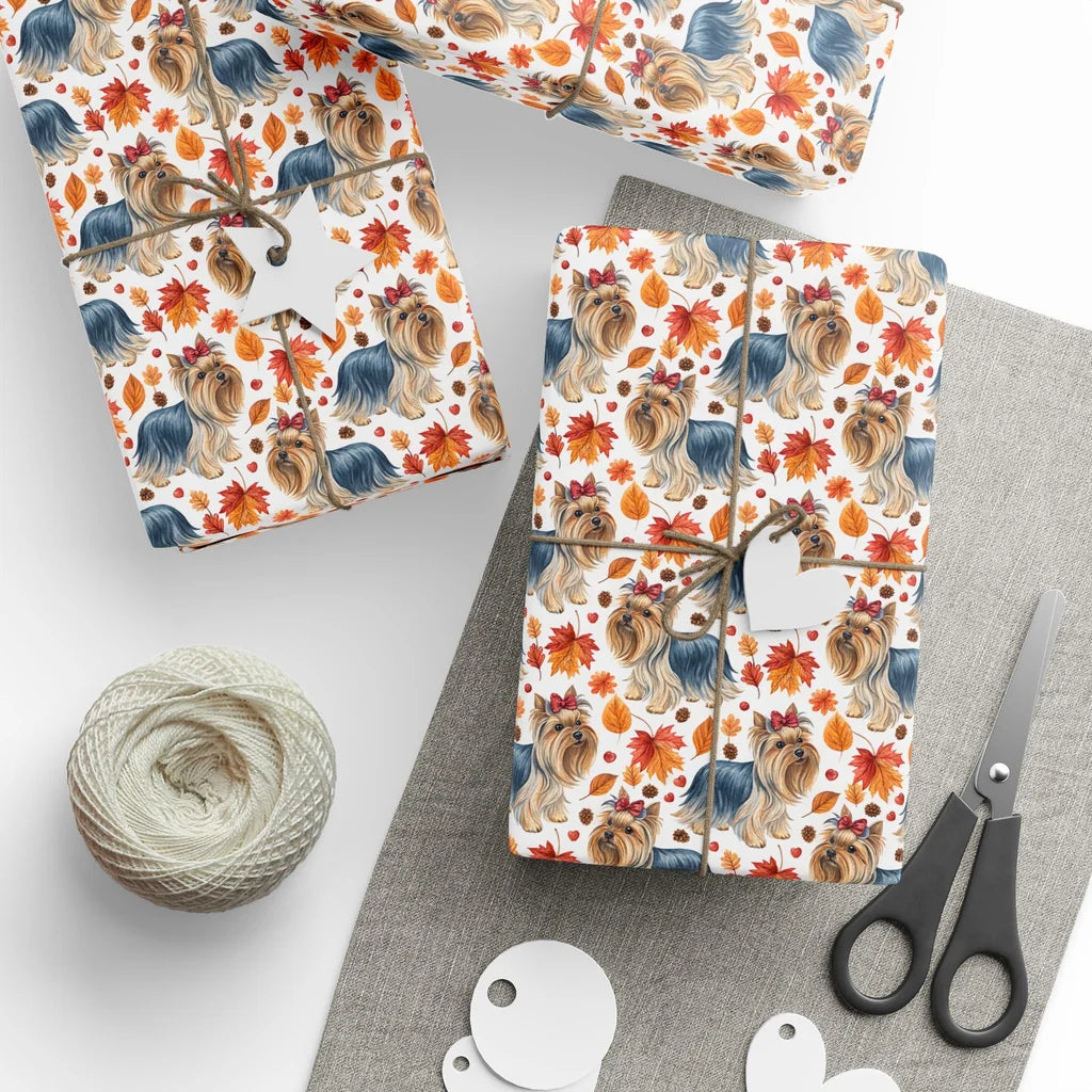 Autumn Yorkie Wrapping Paper | Yorkshire Terrier Fall Gift Wrap — styled gift wrapping with scissors and twine