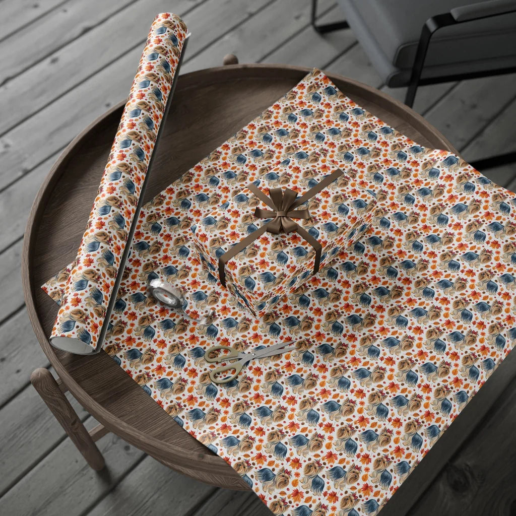 Autumn Yorkie Wrapping Paper | Yorkshire Terrier Fall Gift Wrap — gift wrapping presented on a wooden table