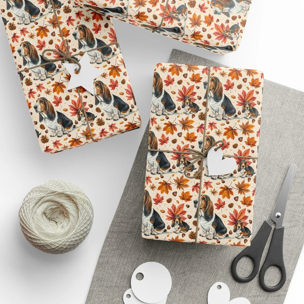 Basset Hound Autumn Wrapping Paper — styled gift wrapping with scissors and twine
