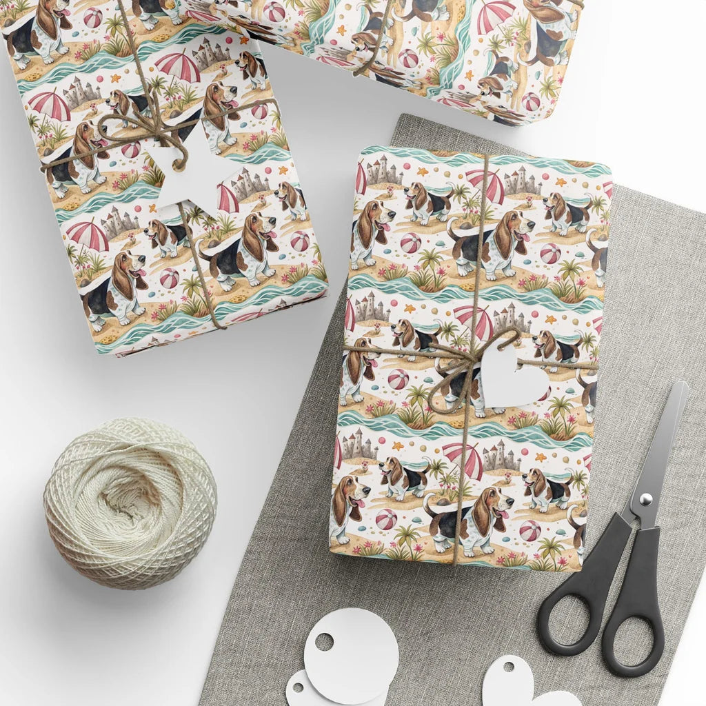 Basset Hound Beach Wrapping Paper — styled gift wrapping with scissors and twine