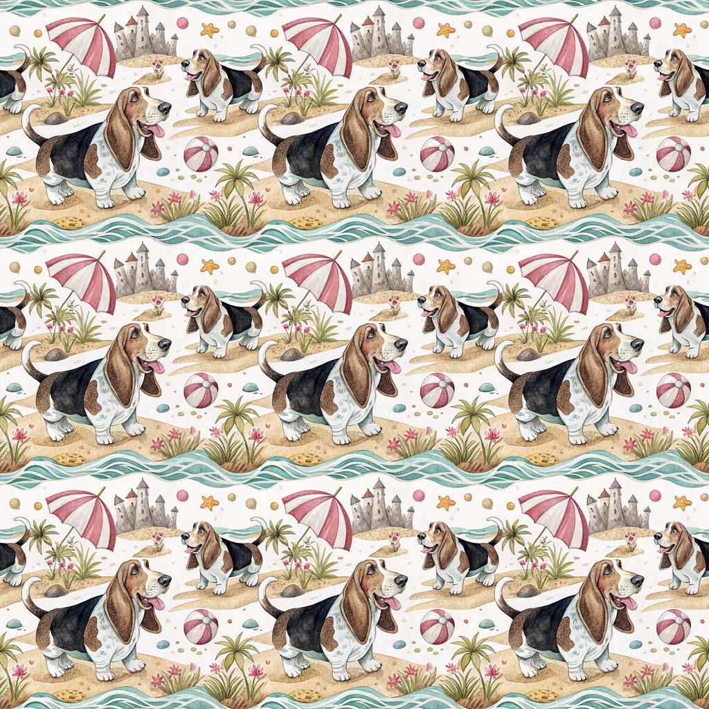 Basset Hound Beach Wrapping Paper — repeating pattern tile