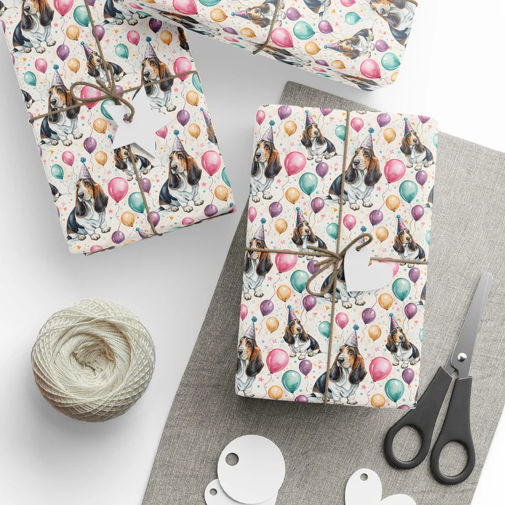 Basset Hound Birthday Wrapping Paper — styled gift wrapping with scissors and twine
