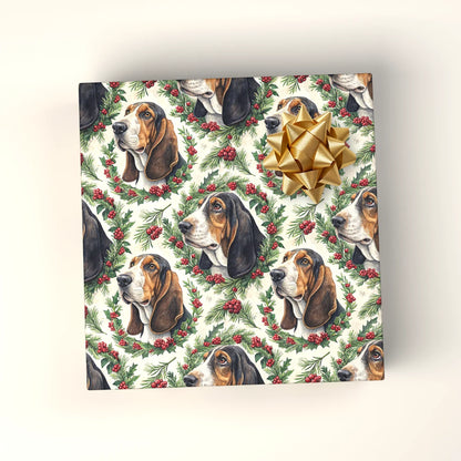 Basset Hound Portrait Wreath Wrapping Paper — wrapped gift presentation