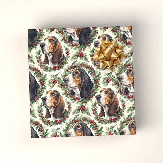 Basset Hound Portrait Wreath Wrapping Paper — wrapped gift presentation